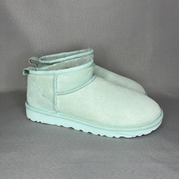 Women's Ugg Boots Size 8 Classic Ultra Mini Aqua Sky Blue Suede Wool Booties - Picture 7 of 14